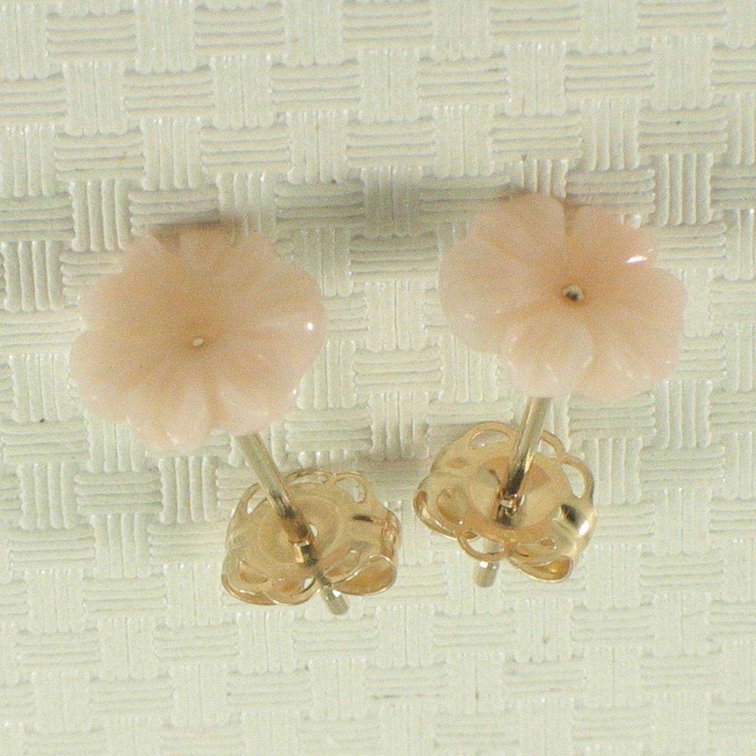 Natural Angel Skin Coral Carved Flower 14K Solid Yellow Gold Stud Earrings