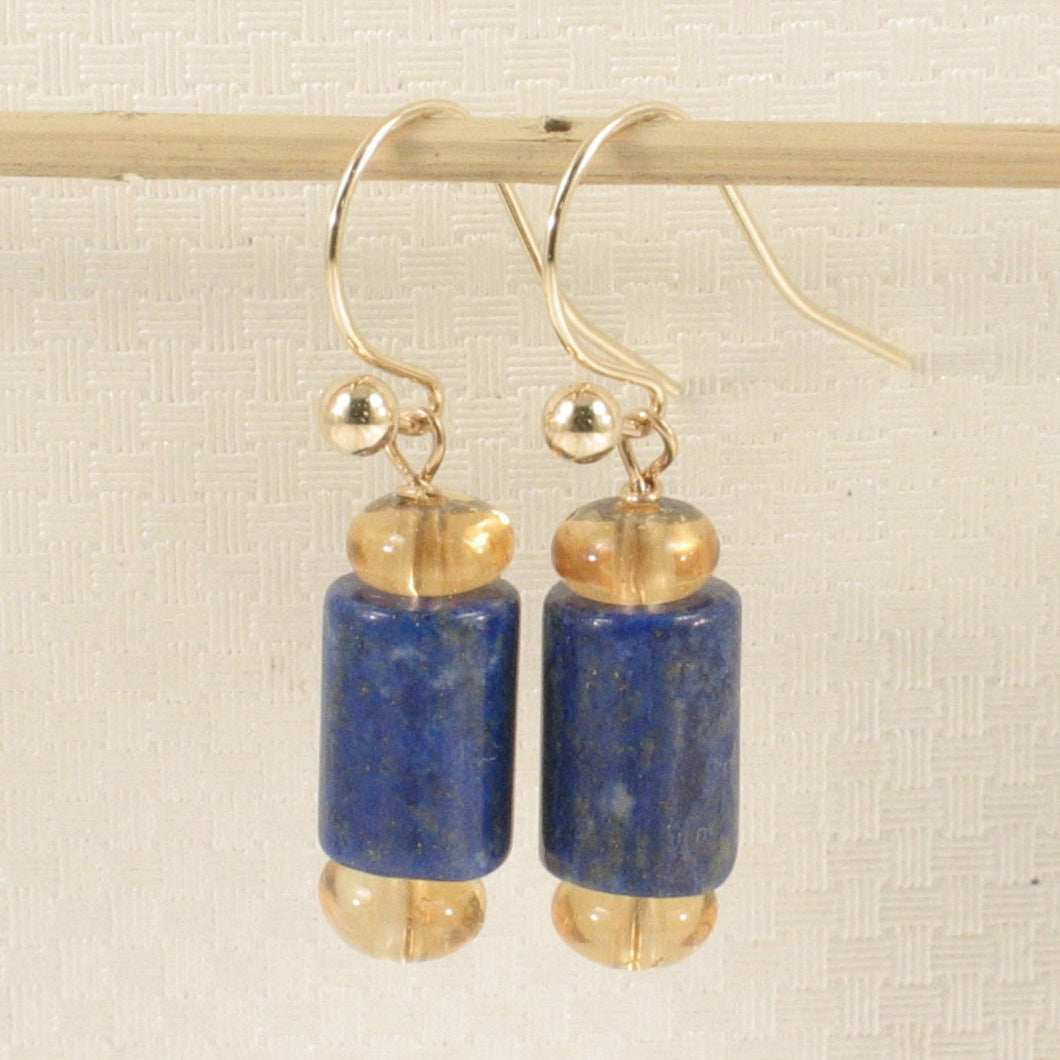 Natural Blue Lapis Tube between 2 Citrine 14k Yellow Gold Fish Hook Earrings