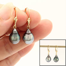 Load image into Gallery viewer, 14k Yellow Gold Natural Black Blue Tahitian Pearl Leverback Dangle Earrings