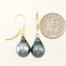 Load image into Gallery viewer, 14k Yellow Gold Natural Black Blue Tahitian Pearl Leverback Dangle Earrings