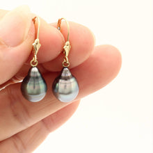 Load image into Gallery viewer, 14k Yellow Gold Natural Black Blue Tahitian Pearl Leverback Dangle Earrings