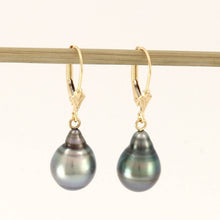 Load image into Gallery viewer, 14k Yellow Gold Natural Black Blue Tahitian Pearl Leverback Dangle Earrings