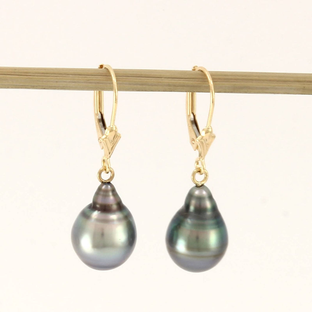14k Yellow Gold Natural Black Blue Tahitian Pearl Leverback Dangle Earrings