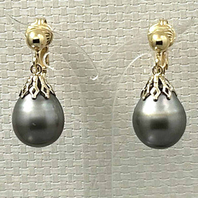 Non Pierced Teardrop Tahitian Pearl Dangle Earrings – 14k Yellow Gold & Fill