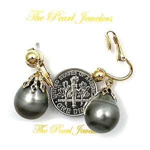 Non Pierced Teardrop Tahitian Pearl Dangle Earrings – 14k Yellow Gold & Fill