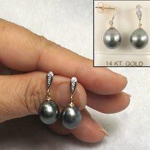 Load image into Gallery viewer, Black Blue Tahitian Pearl &amp; Diamond Dangle Earrings – 14k Yellow Gold