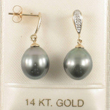 Load image into Gallery viewer, Black Blue Tahitian Pearl &amp; Diamond Dangle Earrings – 14k Yellow Gold