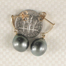 Load image into Gallery viewer, Black Blue Tahitian Pearl &amp; Diamond Dangle Earrings – 14k Yellow Gold