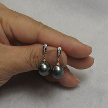 Load image into Gallery viewer, Black Blue Tahitian Pearl &amp; Diamond Dangle Earrings – 14k Yellow Gold