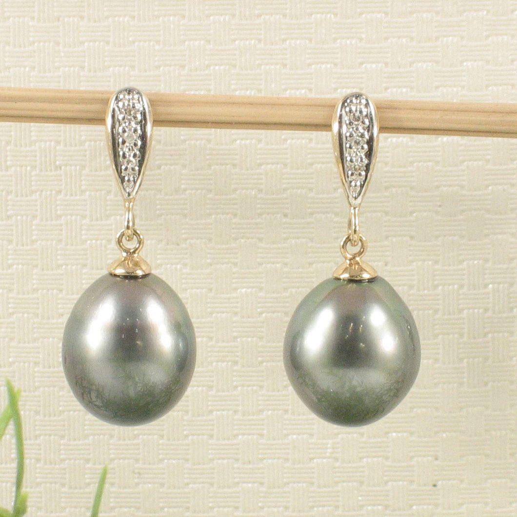 Black Blue Tahitian Pearl & Diamond Dangle Earrings – 14k Yellow Gold