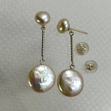 Load image into Gallery viewer, Genuine Peach Coin Cultured Pearl Dangle Earrings – 14 k Yellow Gold