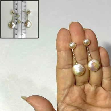 Genuine Peach Coin Cultured Pearl Dangle Earrings – 14 k Yellow Gold