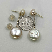 Load image into Gallery viewer, Genuine Peach Coin Cultured Pearl Dangle Earrings – 14 k Yellow Gold