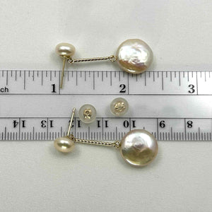 Genuine Peach Coin Cultured Pearl Dangle Earrings – 14 k Yellow Gold