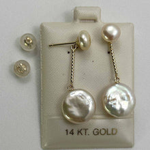 Load image into Gallery viewer, Genuine Peach Coin Cultured Pearl Dangle Earrings – 14 k Yellow Gold