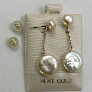 Genuine Peach Coin Cultured Pearl Dangle Earrings – 14 k Yellow Gold
