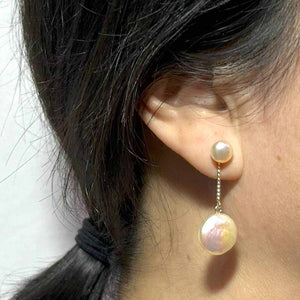 Genuine Peach Coin Cultured Pearl Dangle Earrings – 14 k Yellow Gold