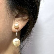 Load image into Gallery viewer, Genuine Peach Coin Cultured Pearl Dangle Earrings – 14 k Yellow Gold