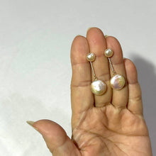 Load image into Gallery viewer, Genuine Peach Coin Cultured Pearl Dangle Earrings – 14 k Yellow Gold