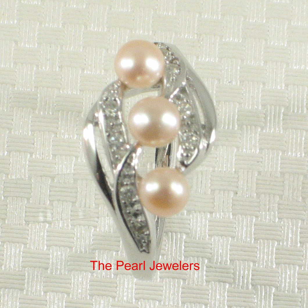 Solid Sterling Silver .925 Peach-Pink Cultured Pearl & Cubic Zirconia Cocktail Ring