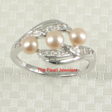 Solid Sterling Silver .925 Peach-Pink Cultured Pearl & Cubic Zirconia Cocktail Ring