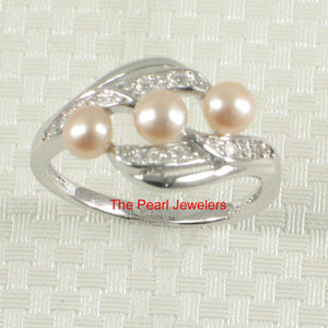 Solid Sterling Silver .925 Peach-Pink Cultured Pearl & Cubic Zirconia Cocktail Ring