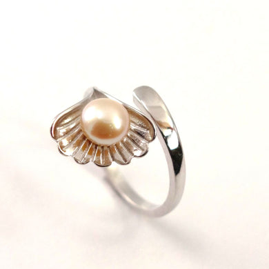 Real Silver .925 Peach Freshwater Cultured Pearl Shell-Style Adjustable Ring