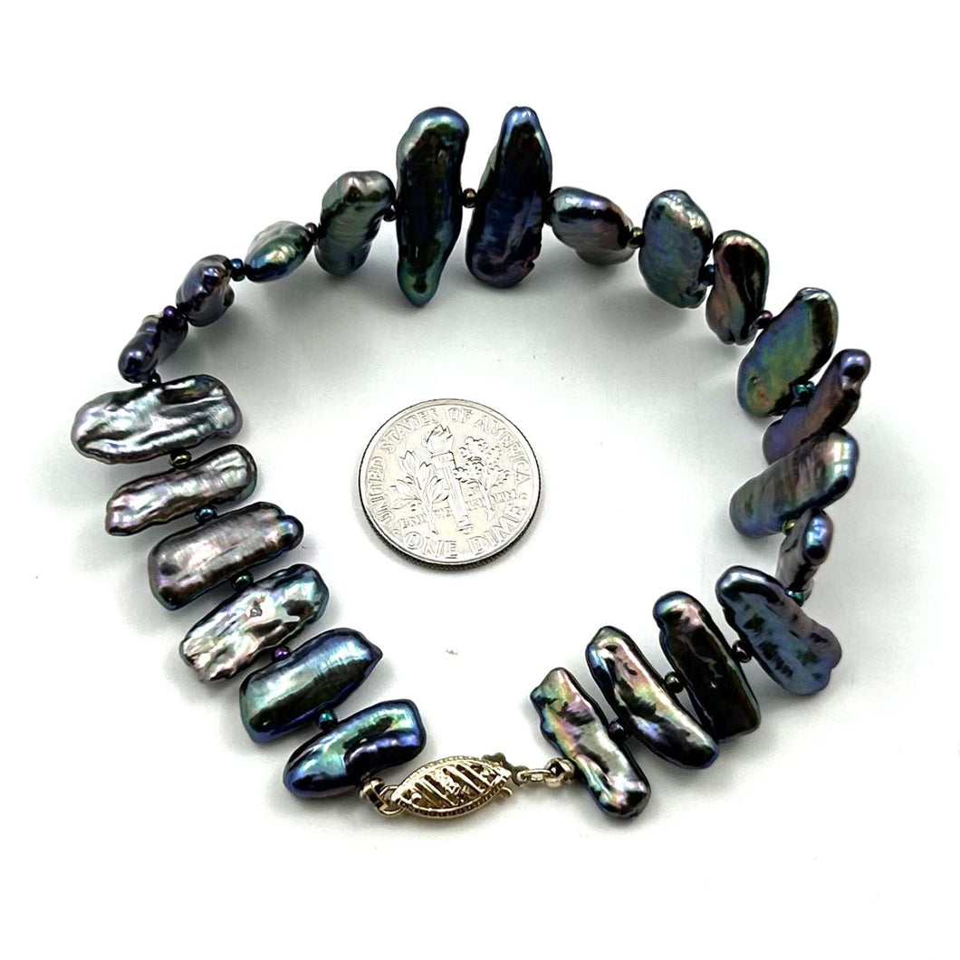 Peacock Biwa Pearl Bracelet with 14k Yellow Gold Fish Tail Clasp