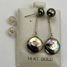 Load image into Gallery viewer, 14k Genuine Peacock Coin Cultured Pearl Dangle Earrings