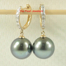 Load image into Gallery viewer, Peacock Green Tahitian Pearl &amp; Diamond Hook Earrings – 14k Yellow Gold