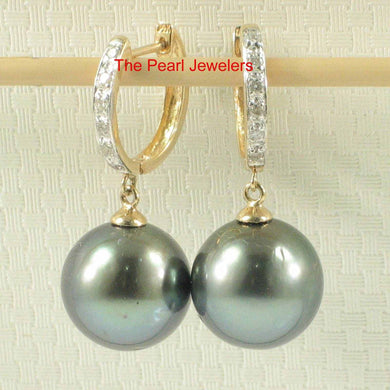 Peacock Green Tahitian Pearl & Diamond Hook Earrings – 14k Yellow Gold