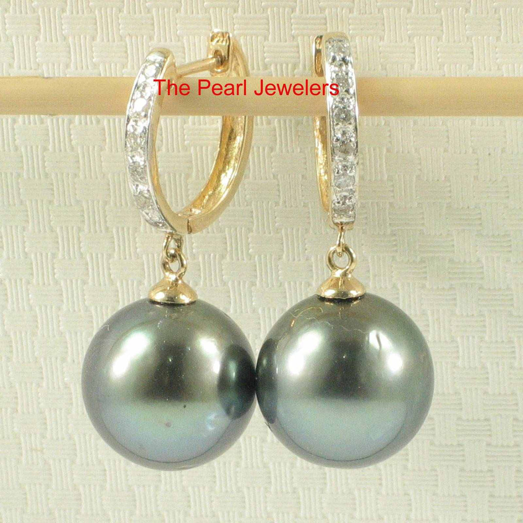 Peacock Green Tahitian Pearl & Diamond Hook Earrings – 14k Yellow Gold