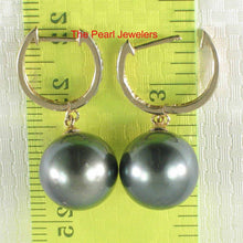 Load image into Gallery viewer, Peacock Green Tahitian Pearl &amp; Diamond Hook Earrings – 14k Yellow Gold