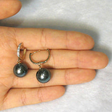 Load image into Gallery viewer, Peacock Green Tahitian Pearl &amp; Diamond Hook Earrings – 14k Yellow Gold