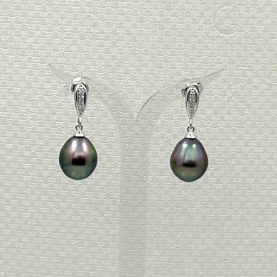 Peacock Green Tahitian Pearl & Diamond Dangle Earrings – 14k White Gold
