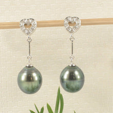 Load image into Gallery viewer, Peacock Tahitian Pearl &amp; Diamond Heart Dangle Earrings – 14k White Gold
