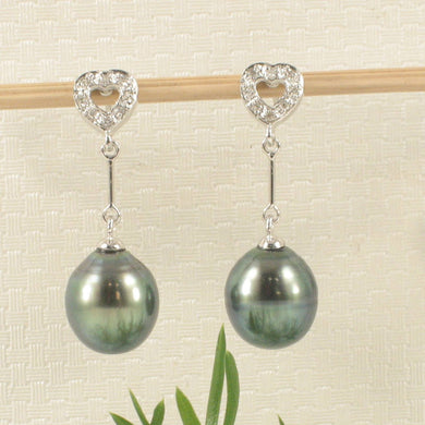 Peacock Tahitian Pearl & Diamond Heart Dangle Earrings – 14k White Gold