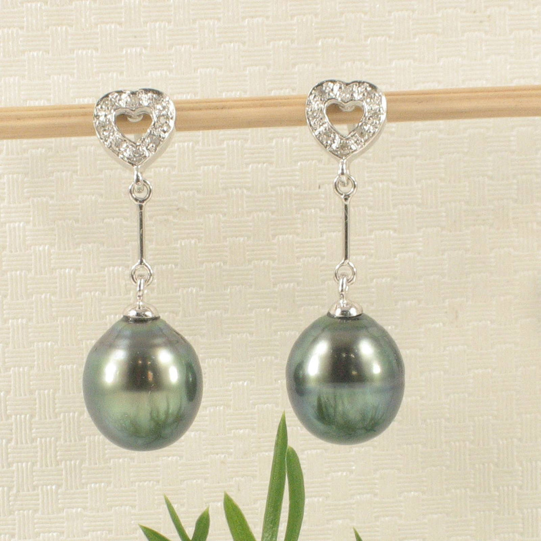 Peacock Tahitian Pearl & Diamond Heart Dangle Earrings – 14k White Gold