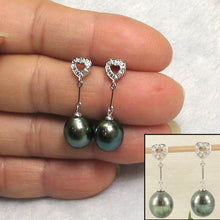 Load image into Gallery viewer, Peacock Tahitian Pearl &amp; Diamond Heart Dangle Earrings – 14k White Gold