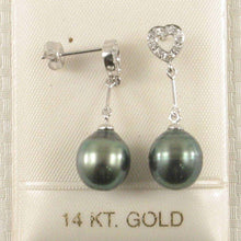 Load image into Gallery viewer, Peacock Tahitian Pearl &amp; Diamond Heart Dangle Earrings – 14k White Gold