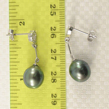 Load image into Gallery viewer, Peacock Tahitian Pearl &amp; Diamond Heart Dangle Earrings – 14k White Gold