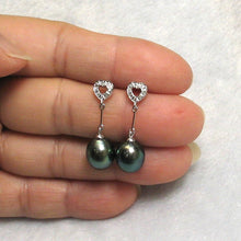 Load image into Gallery viewer, Peacock Tahitian Pearl &amp; Diamond Heart Dangle Earrings – 14k White Gold