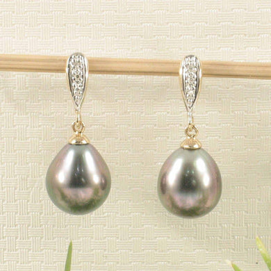 14k Yellow Gold Peacock Raindrop Pearl Diamond Dangle Earrings
