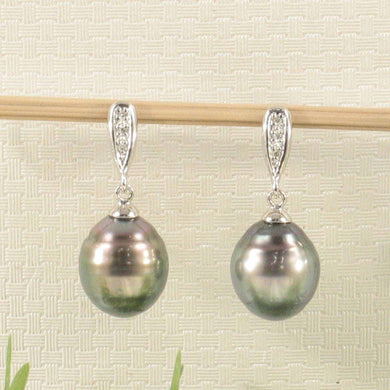 Peacock Tone Tahitian Pearl & Diamond Dangle Earrings – 14k White Gold