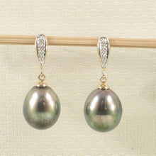 Load image into Gallery viewer, 14k Yellow Gold Peacock Tahitian Pearl Diamond Dangle Earrings