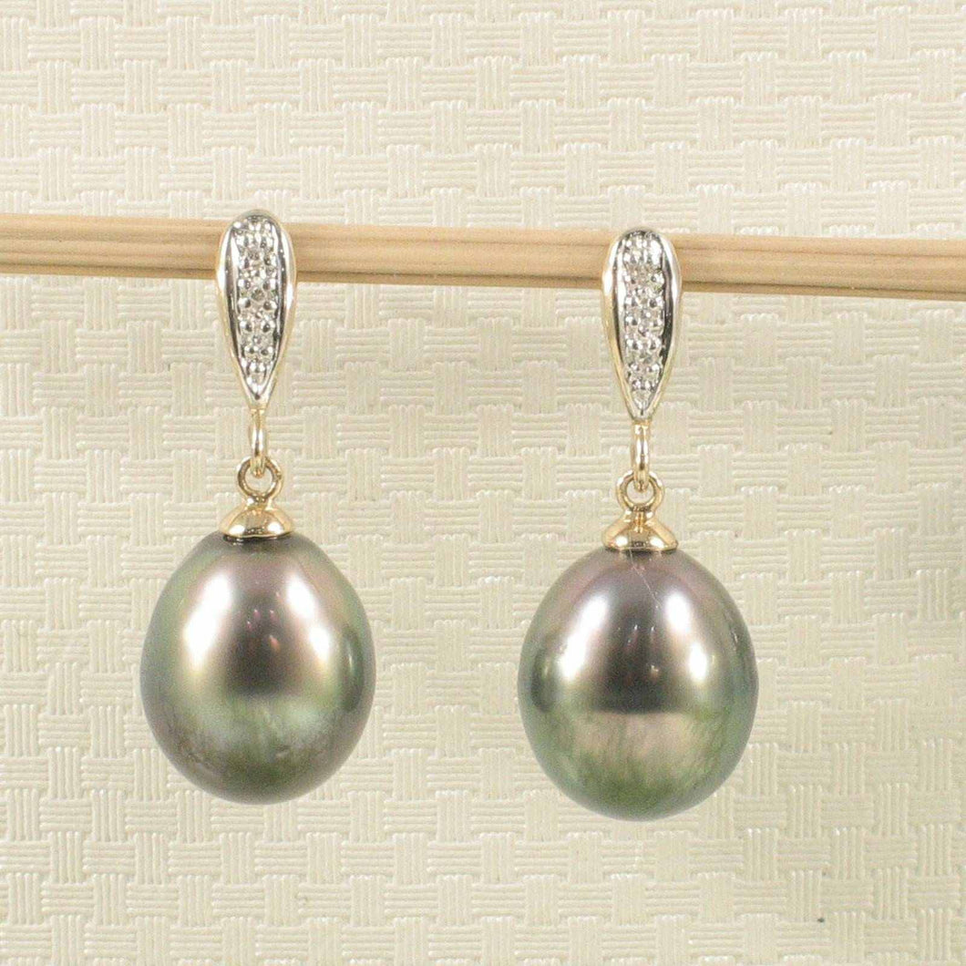 14k Yellow Gold Peacock Tahitian Pearl Diamond Dangle Earrings
