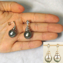 Load image into Gallery viewer, Peacock Tahitian Pearl &amp; Diamond Swirl Earrings – 14k Yellow Gold