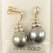Load image into Gallery viewer, Peacock Tahitian Pearl &amp; Diamond Swirl Earrings – 14k Yellow Gold