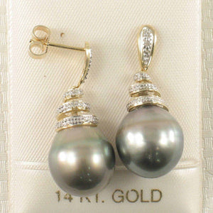 Peacock Tahitian Pearl & Diamond Swirl Earrings – 14k Yellow Gold