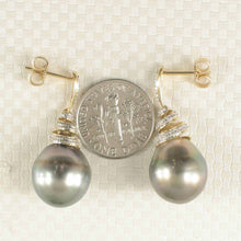 Load image into Gallery viewer, Peacock Tahitian Pearl &amp; Diamond Swirl Earrings – 14k Yellow Gold